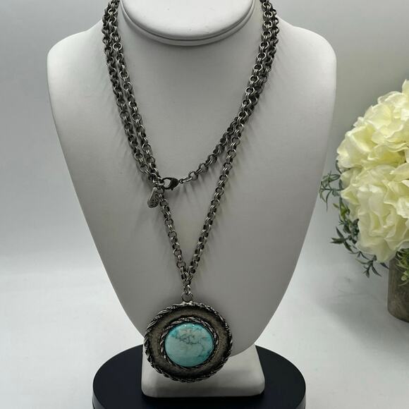 YOCHI NY Designer Turquoise Blue Round Large Round Cabochon Pendant Necklace 36” - Picture 1 of 9
